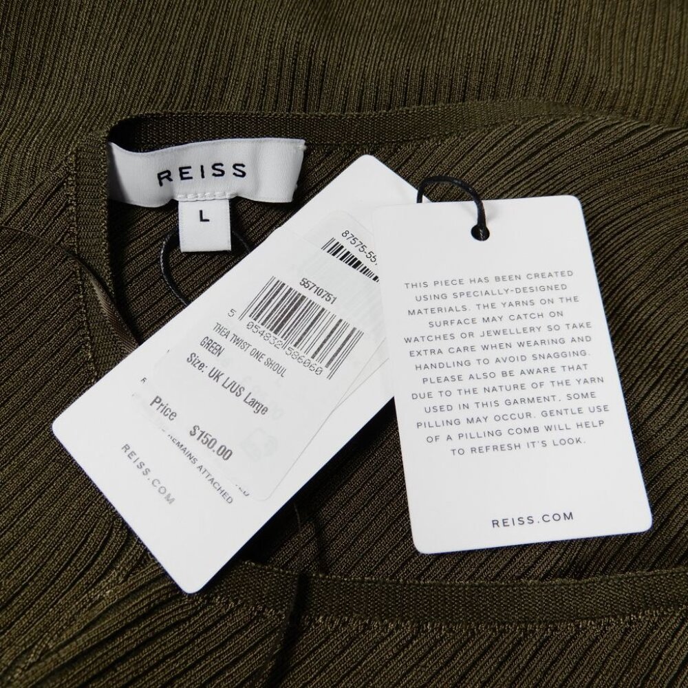REISS Thea Twist One Shoulder Top Size L Khaki Green Ribbed Stretch NEW $150 - Picture 5 of 8